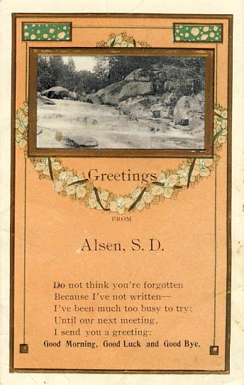 Greetings from Alsen, S.D. postcard