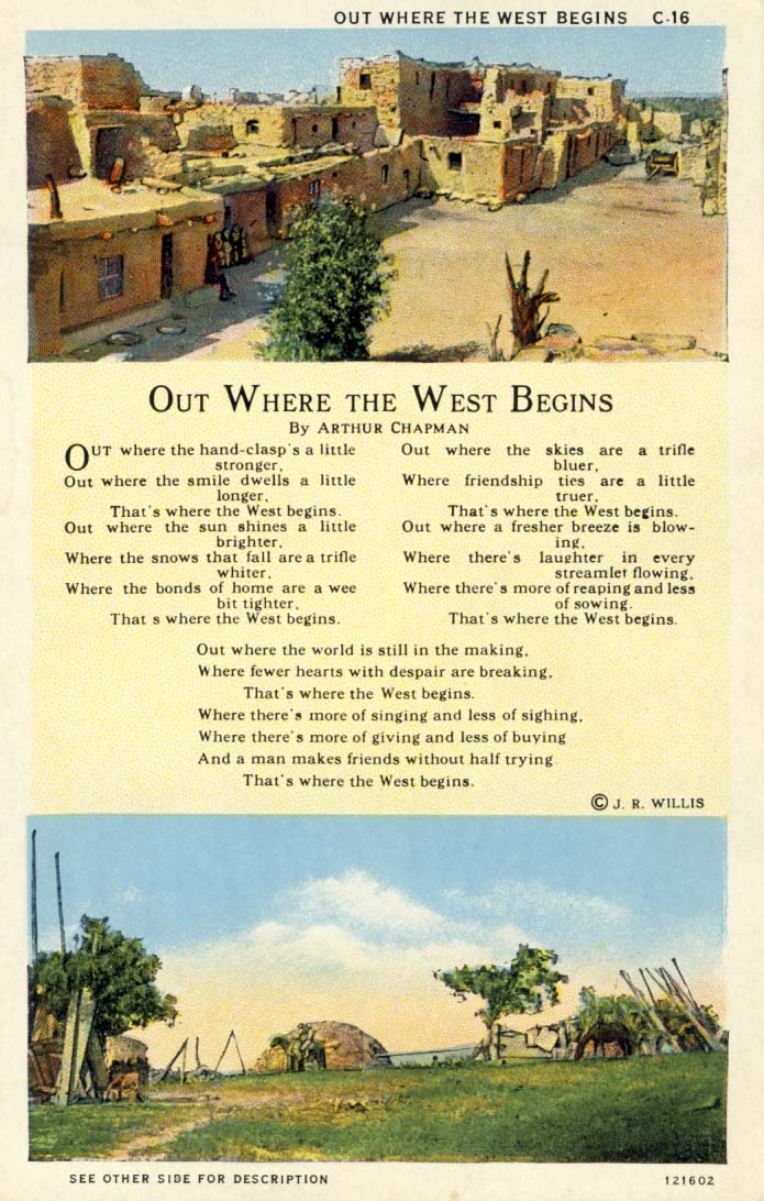 Out where the West begins postcard 1930s