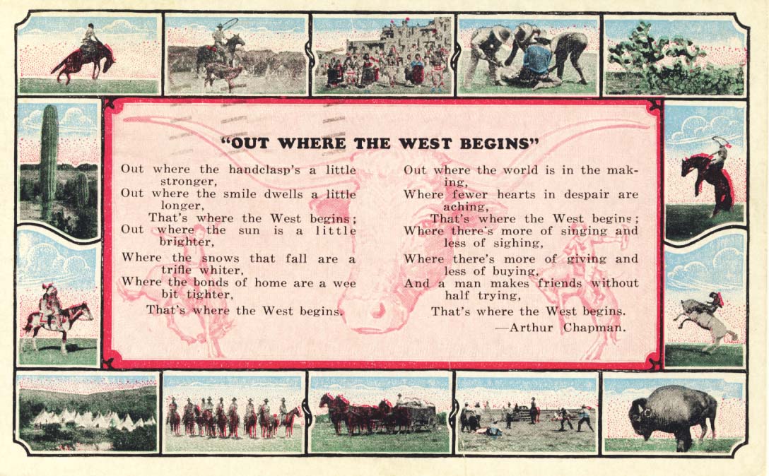 Out where the West begins postcard 1938.