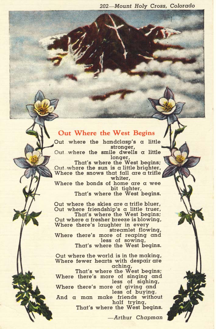 Out where the West begins postcard 1930s
