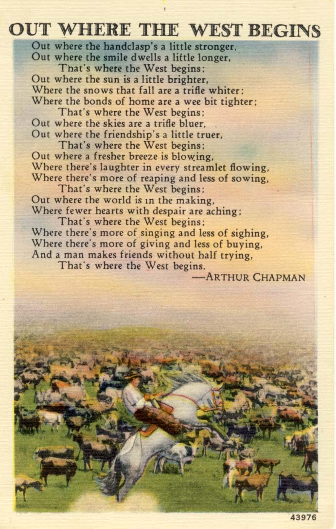 Out where the West begins postcard 1940s.