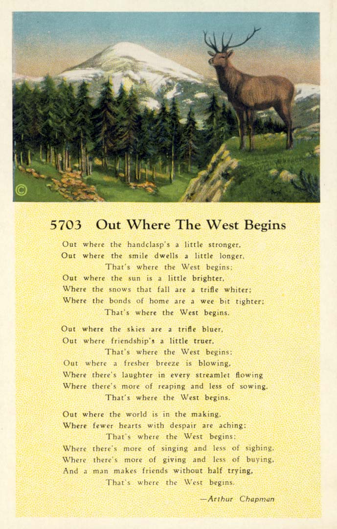 Out where the West begins postcard 1930s.