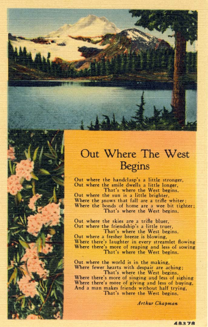 Out where the West begins postcard 1940s.